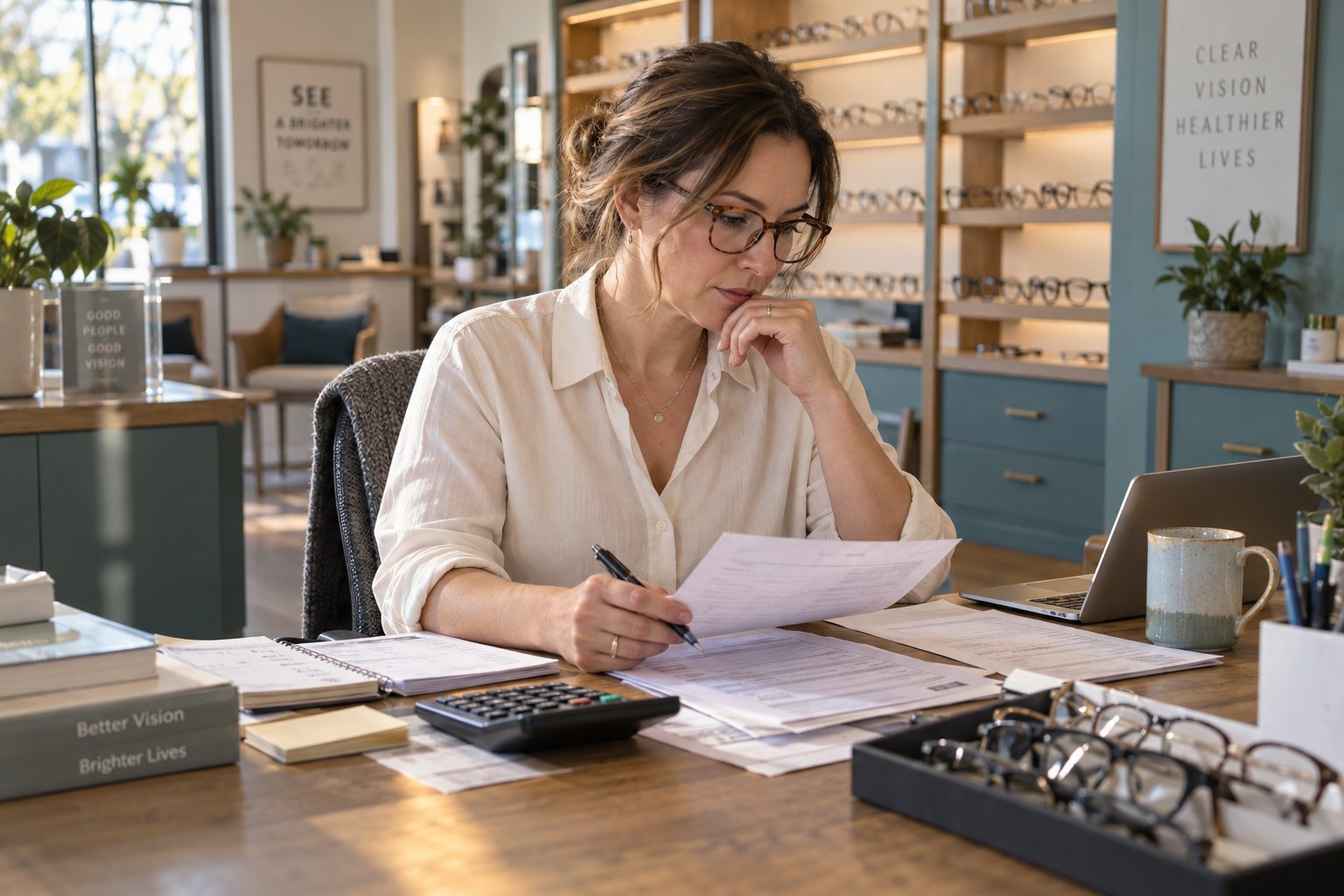 Woman reviewing insurance paperwork with a calculator at a desk in an optometry practice.