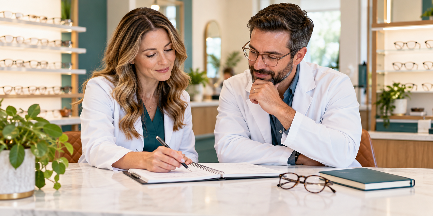 Optometry team planning in-house vision plans and patient care in their independent practice.